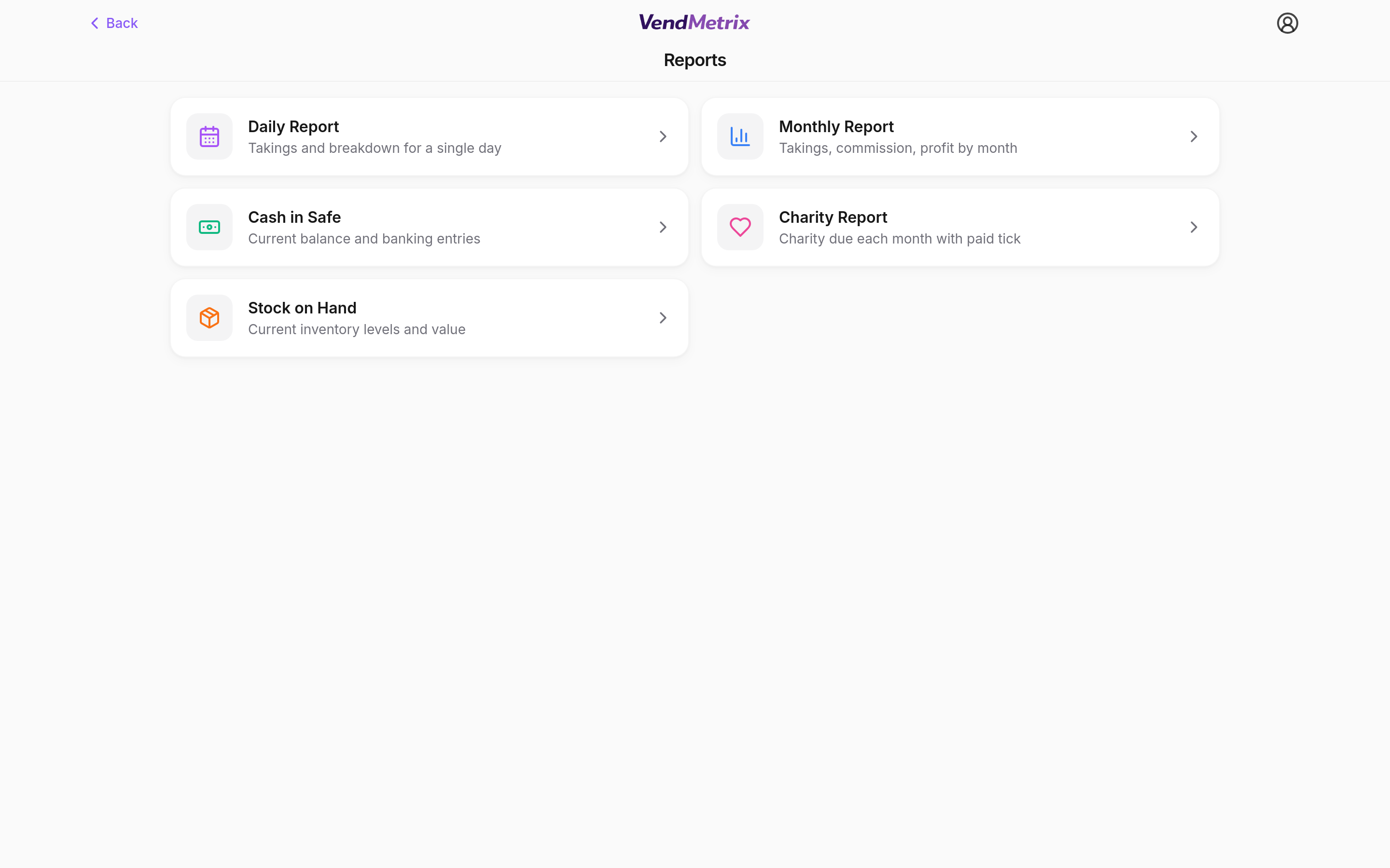 VendMetrix reports screen