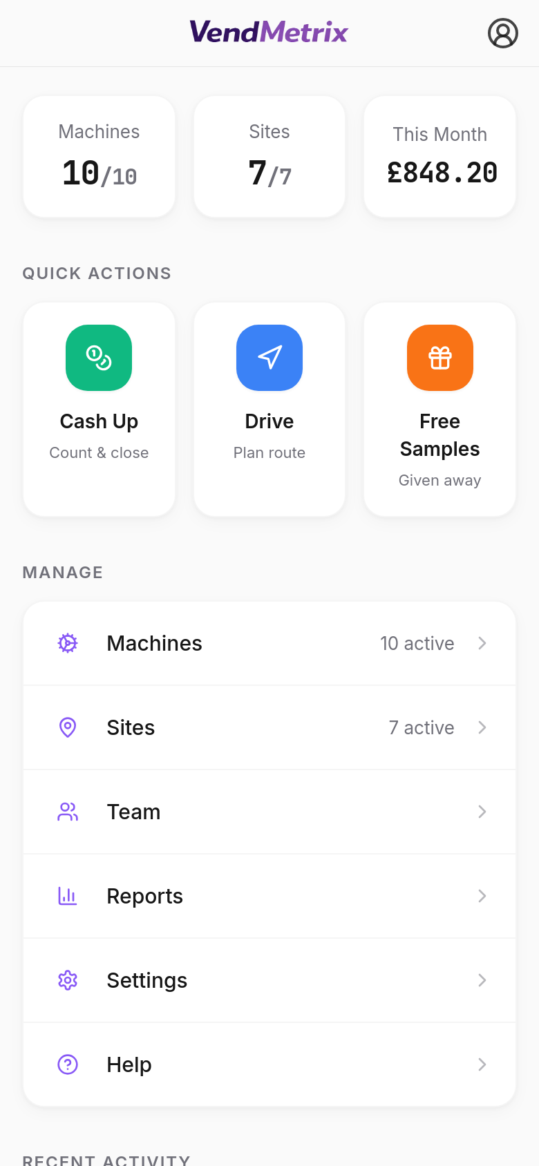 VendMetrix phone dashboard screenshot