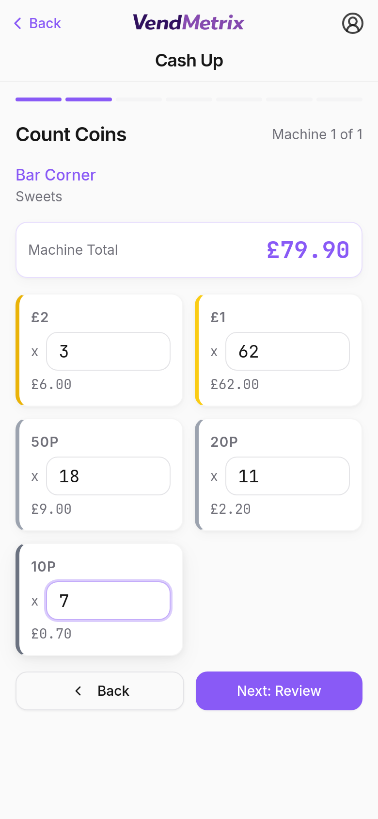 VendMetrix cash-up coin counting screen