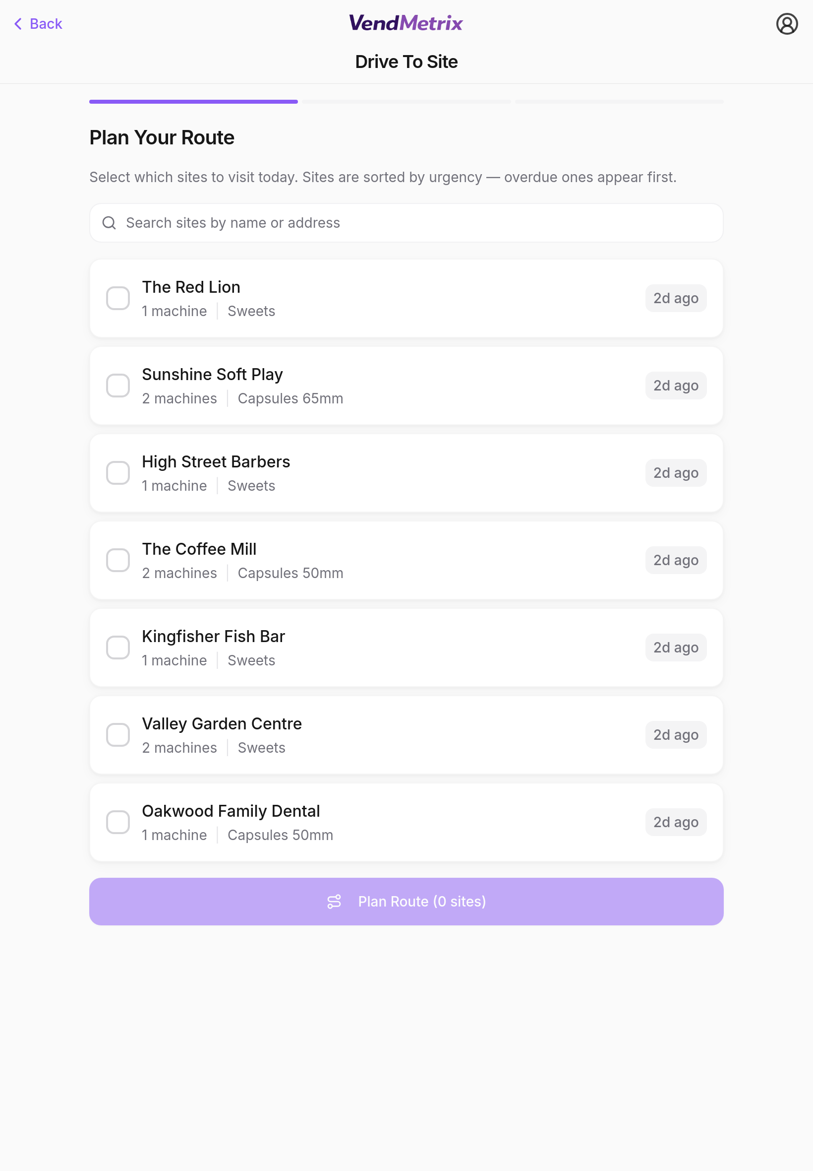 VendMetrix tablet route planning screenshot